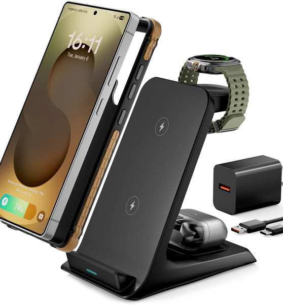 3 in 1 Charging Station for Samsung for Thick Cases of 10MM/Otterbox/Heavy Duty, Wireless Charger for Samsung Galaxy S26 Ultra/S25/S24, Phone Charger Stand for Galaxy Watch and Buds(Black)