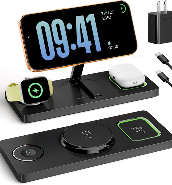 Foldable 3 in 1 Charging Station for Magsafe, Magnetic Phone and Watch Charger Stand for Apple Devices, Wireless Desk Charger Dock for iPhone 17 16 15 14 13 12 Series, Apple Watch and Airpods