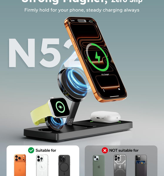 Foldable 3 in 1 Charging Station for Magsafe, Magnetic Phone and Watch Charger Stand for Apple Devices, Wireless Desk Charger Dock for iPhone 17 16 15 14 13 12 Series, Apple Watch and Airpods