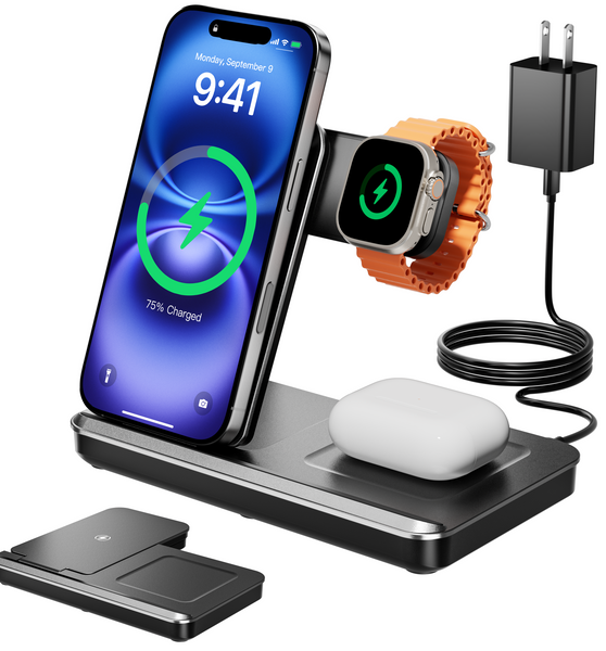 Eddibox 3 in 1 Charging Station for Apple, Foldable Wireless Charger Stand for iPhone 17 16 15 14, Fast Travel Phone Charging Dock for Multiple Devices for Apple Watch Ultra 11 10 9 8, AirPods 4 3 Pro