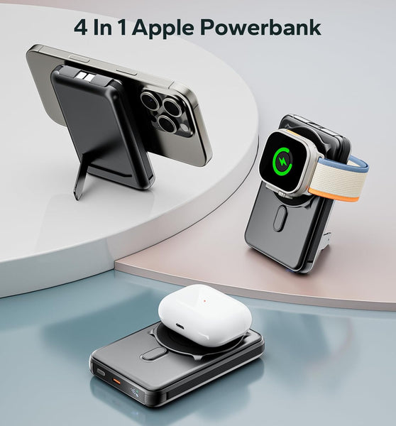 Eddibox Magsafe Powerbank 10,000mAh mit Integriertem USB-C+ Lighting Kabel 20W PD Schnellladung LED Display, iPhone Powerbank Magsafe Faltbarer Ständer für iPhone 16/15/14/13,Apple Watch, AirPods