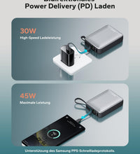 Eazpower Power Bank 45W Schnellladefunktion, Powerbank 20,000mAh mit Integriertem USB C Kabel Flugzeug Geeignet, Externe Handyakkus mit LED Display, 2 USB-C, 1 USB-A für iPhone Samsung Galaxy Laptop