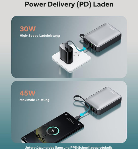 Eazpower Power Bank 45W Schnellladefunktion, Powerbank 20,000mAh mit Integriertem USB C Kabel Flugzeug Geeignet, Externe Handyakkus mit LED Display, 2 USB-C, 1 USB-A für iPhone Samsung Galaxy Laptop