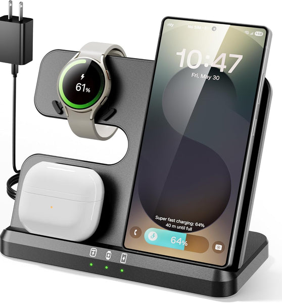 3 in 1 Charging Station for Samsung, Qi-Certified Fast Charging for Galaxy S25/Ultra/S24/S23/Z Flip, Wireless Charger for Samsung Watch Galaxy 7/6/5, Galaxy Buds 3/2/Pro